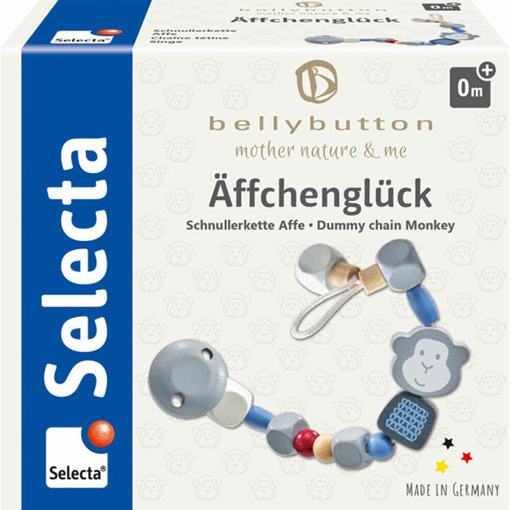 Selecta bellybutton Äffchenglück Schnullerkette, Schnuller Kette, Schnullerband, Schnullerclip, Blau, 22 cm, 64024