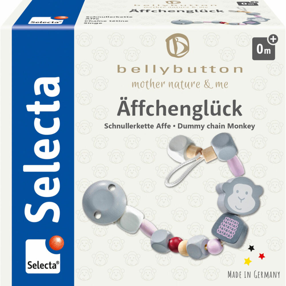 Selecta bellybutton Äffchenglück Schnullerkette, Schnuller Kette, Schnullerband, Schnullerclip, Rosa, 22 cm, 64023