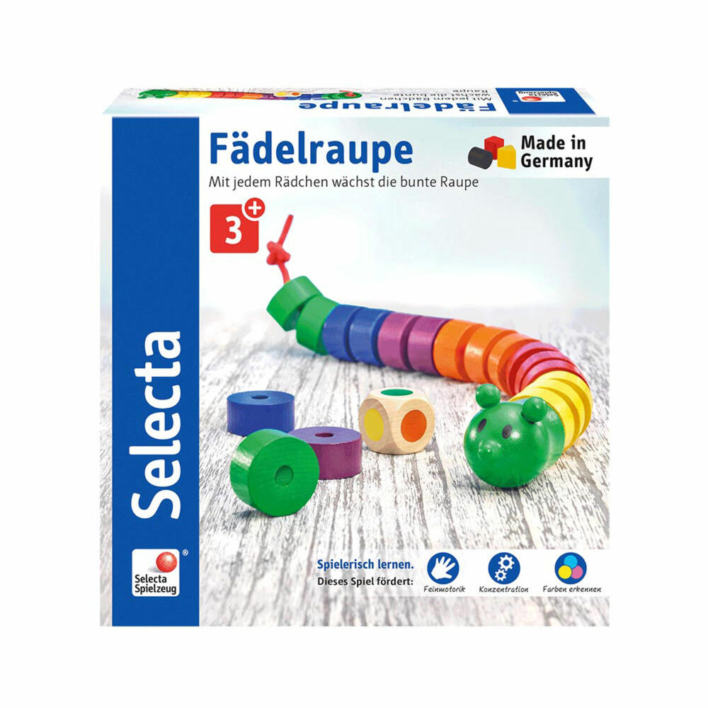 Selecta Spielzeug Fädelraupe, Fädel Spiel, Kinderspiel, Kinderspielzeug, Holz, 20 cm, 63005