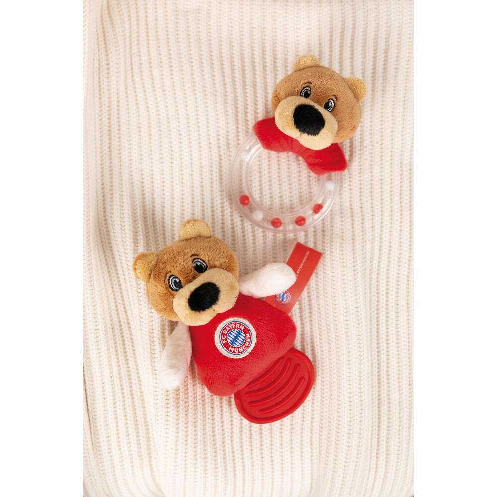 NICI FC Bayern München Bär Berni Rasselring, Rassel, Greifling, Babyspielzeug, Baby Spielzeug, 12 cm, 49085