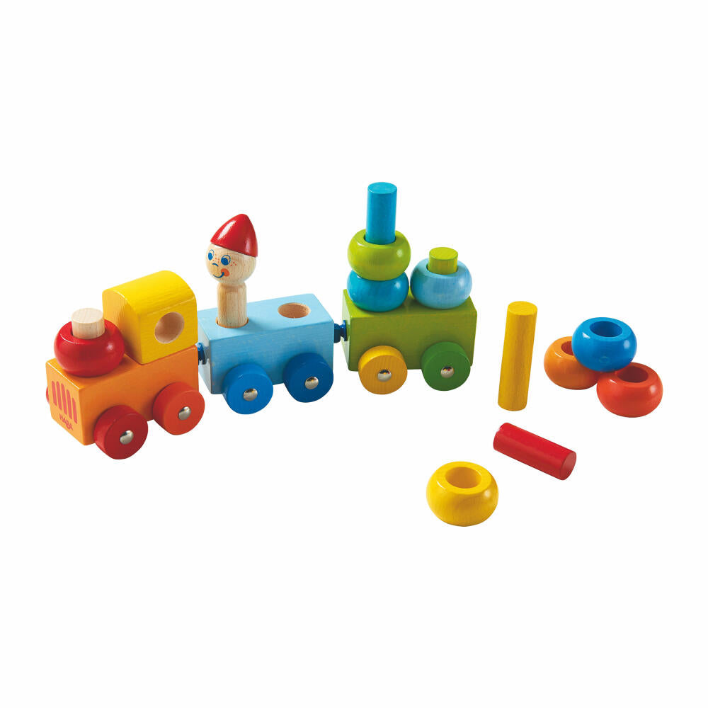 HABA Entdecker Zug Farbkringel, 16-tlg., Holzwagen, Ziehwagen, Spielwagen, Holzbausteine, Spielzeug, 5126