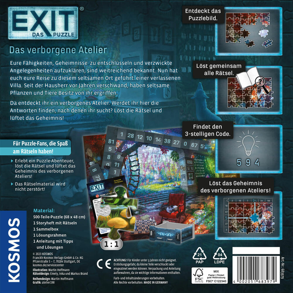 KOSMOS EXIT - Das Puzzle: Das verborgene Atelier, Rätselpuzzle, Storypuzzle, 500 Teile, ab 10 Jahren, 683979
