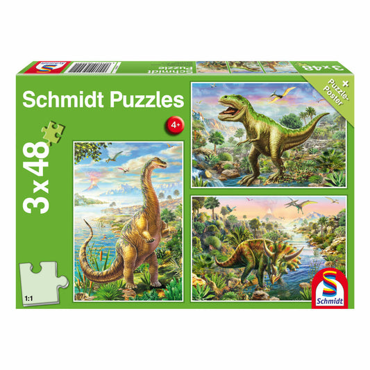 Schmidt Spiele Dinosaurier Abenteuer mit den Dinosauriern, Kinderpuzzle, 3 x 48 Teile, Puzzle, Puzzlespiel, Ab 4 Jahren, 56202