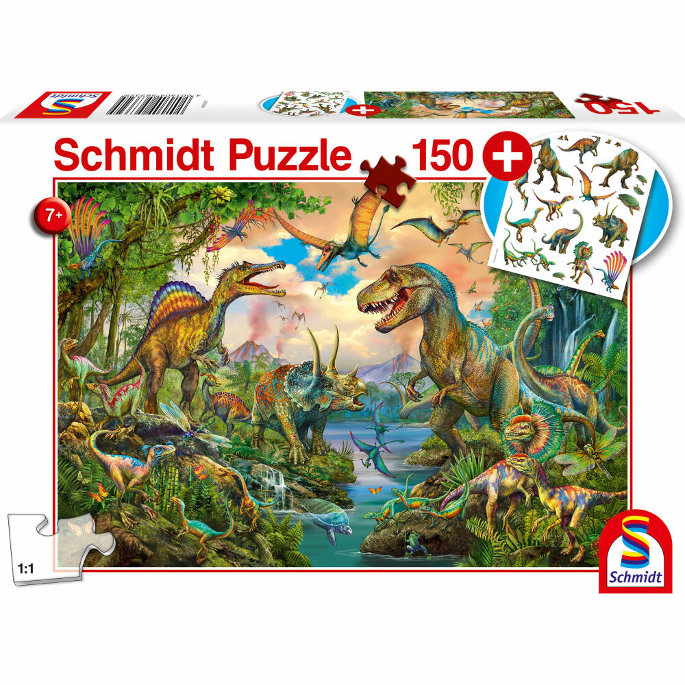 Schmidt Spiele Kinderpuzzle Wilde Dinos, Standard, Kinder Puzzle, mit Dinosaurier Tattoos, 150 Teile, Ab 6 Jahre, 56333