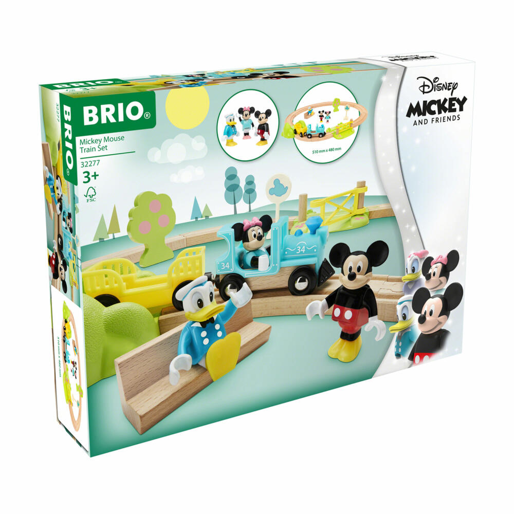 BRIO World Micky Maus Eisenbahn-Set, 18-tlg., Holzeisenbahn, Lokomotive, Waggon, Schienen, Disney, 32277