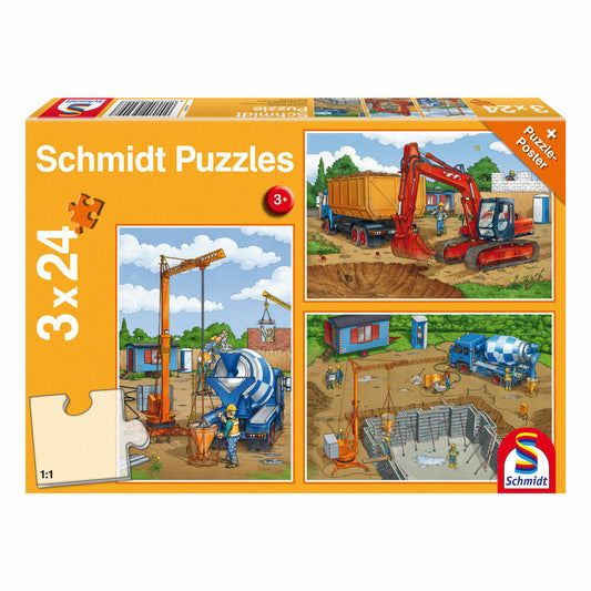 Schmidt Spiele Bagger Auf der Baustelle, Kinderpuzzle, 3 x 24 Teile, Puzzle, Puzzlespiel, Ab 3 Jahren, 56200