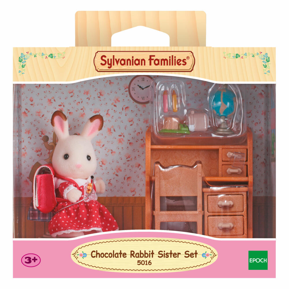 Sylvanian Families Schokoladenhasen Schwester Laura mit Schreibtisch, Familie Löffel, Arbeitsplatz, Hase, Spielset, 5016