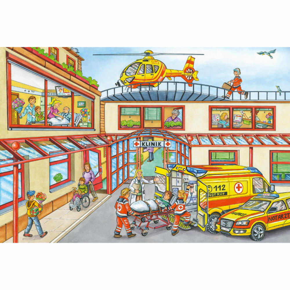 Schmidt Spiele Puzzle Krankenhaus, Kinderpuzzle, mit Siku Rettungshubschrauber, 100 Teile, 56352