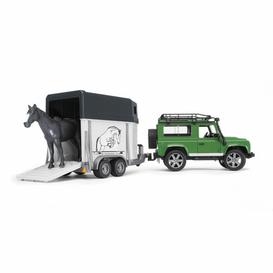 Bruder Freizeit Land Rover Defender Station Wagon, mit Pferdeanhänger und Pferd, Modellfahrzeug, Modell Fahrzeug, Spielzeug, 02592