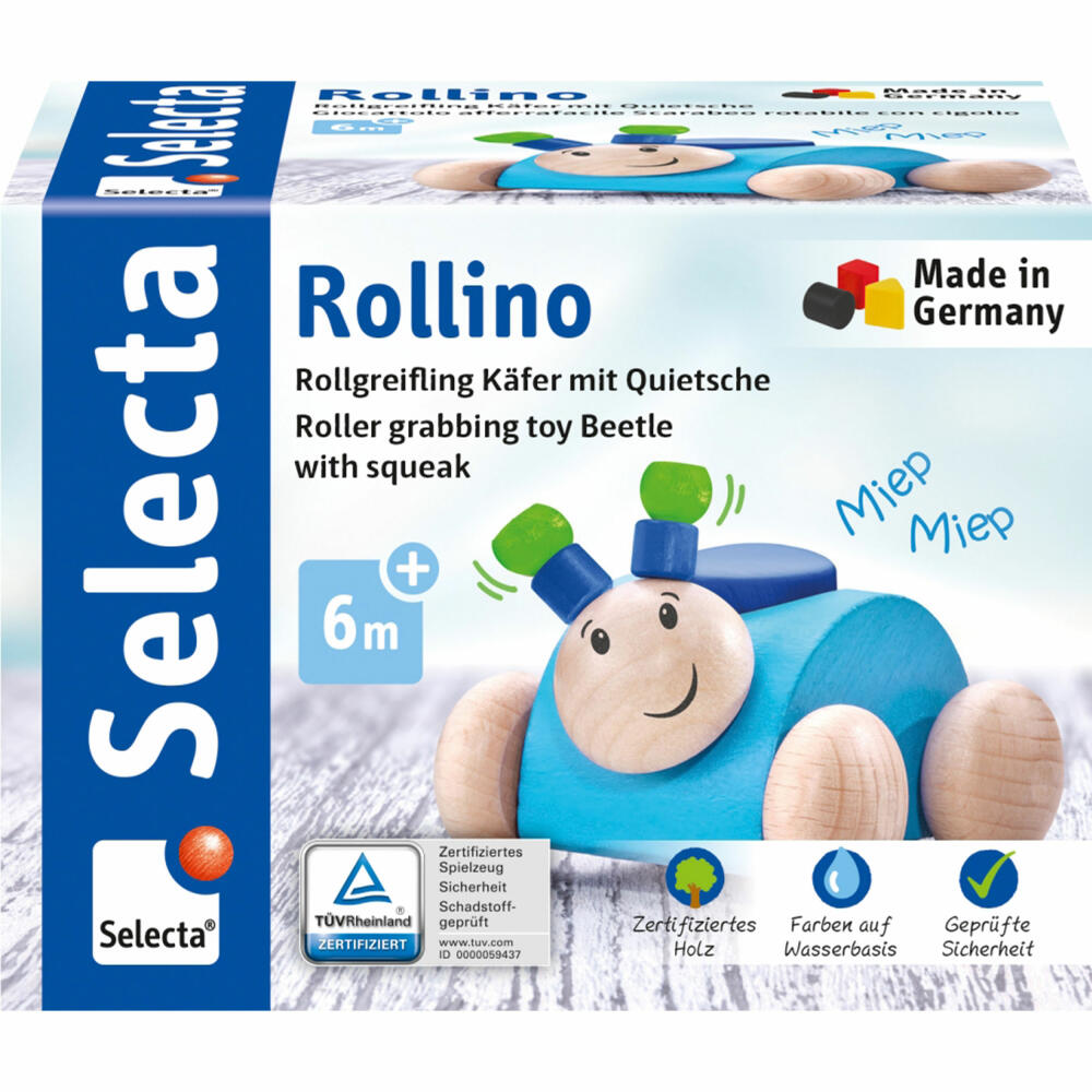 Selecta Rollino, Rollgreifling, Greifling, Greifspielzeug, Holz Spielzeug, Blau, 7.5 cm, 61073