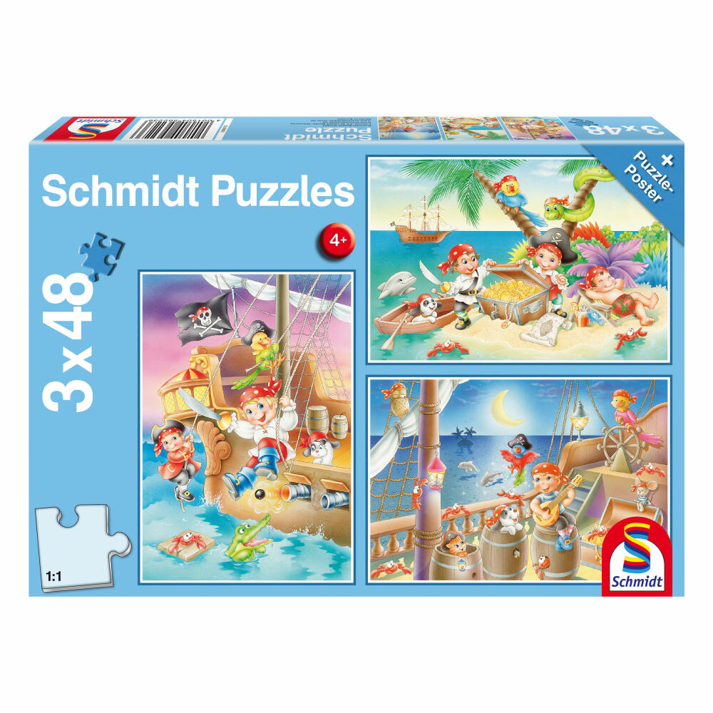 Schmidt Spiele Piraten Piratenbande, Kinderpuzzle, 3 x 48 Teile, Puzzle, Puzzlespiel, Ab 4 Jahren, 56223