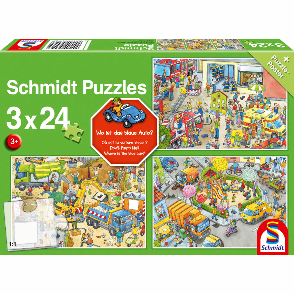 Schmidt Spiele Wo ist das blaue Auto?, Kinderpuzzle, Kinder Puzzle, Kinderpuzzles, 3 x 24 Teile, 56416