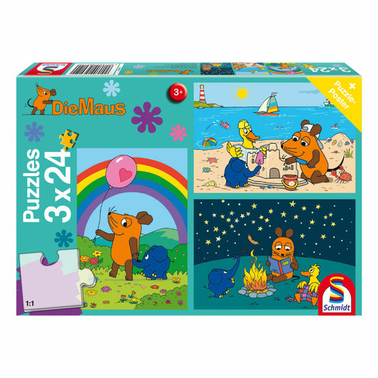 Schmidt Spiele Die Maus Gute Freunde, Kinderpuzzle, 3 x 24 Teile, Puzzle, Puzzlespiel, Ab 3 Jahren, 56212