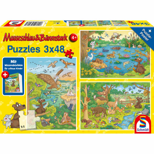 Schmidt Spiele Mauseschlau & Bärenstark Reise in die Natur, mit Add-On, Kinderpuzzle, Kinder Puzzle, Kinderpuzzles, 3 x 48 Teile, 56413