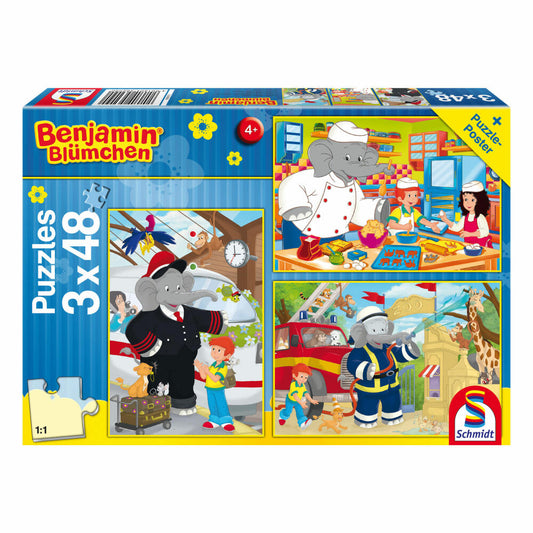 Schmidt Spiele Benjamin Blümchen Im Einsatz, Kinderpuzzle, 3 x 48 Teile, Puzzle, Puzzlespiel, Ab 4 Jahren, 56209