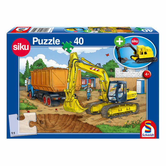 Schmidt Spiele Puzzle Bagger, Baustelle, Kinderpuzzle, Mit Siku Bagger Figur, 40 Teile, 56350