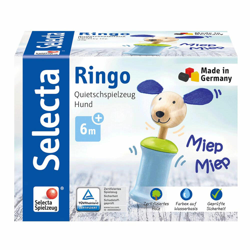 Selecta Spielzeug Ringo Hund Greifling mit Quietsche, Rassel, Babyspiel, Babyspielzeug, Holz, 12 cm, 61056