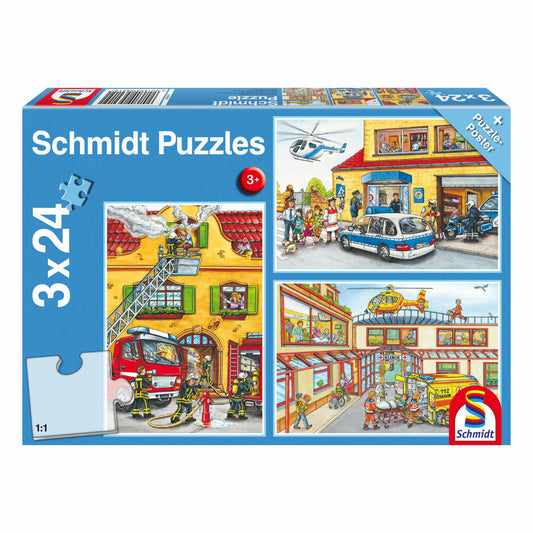 Schmidt Spiele Rettungskräfte Feuerwehr und Polizei, Kinderpuzzle, 3 x 24 Teile, Puzzle, Puzzlespiel, Ab 3 Jahren, 56215