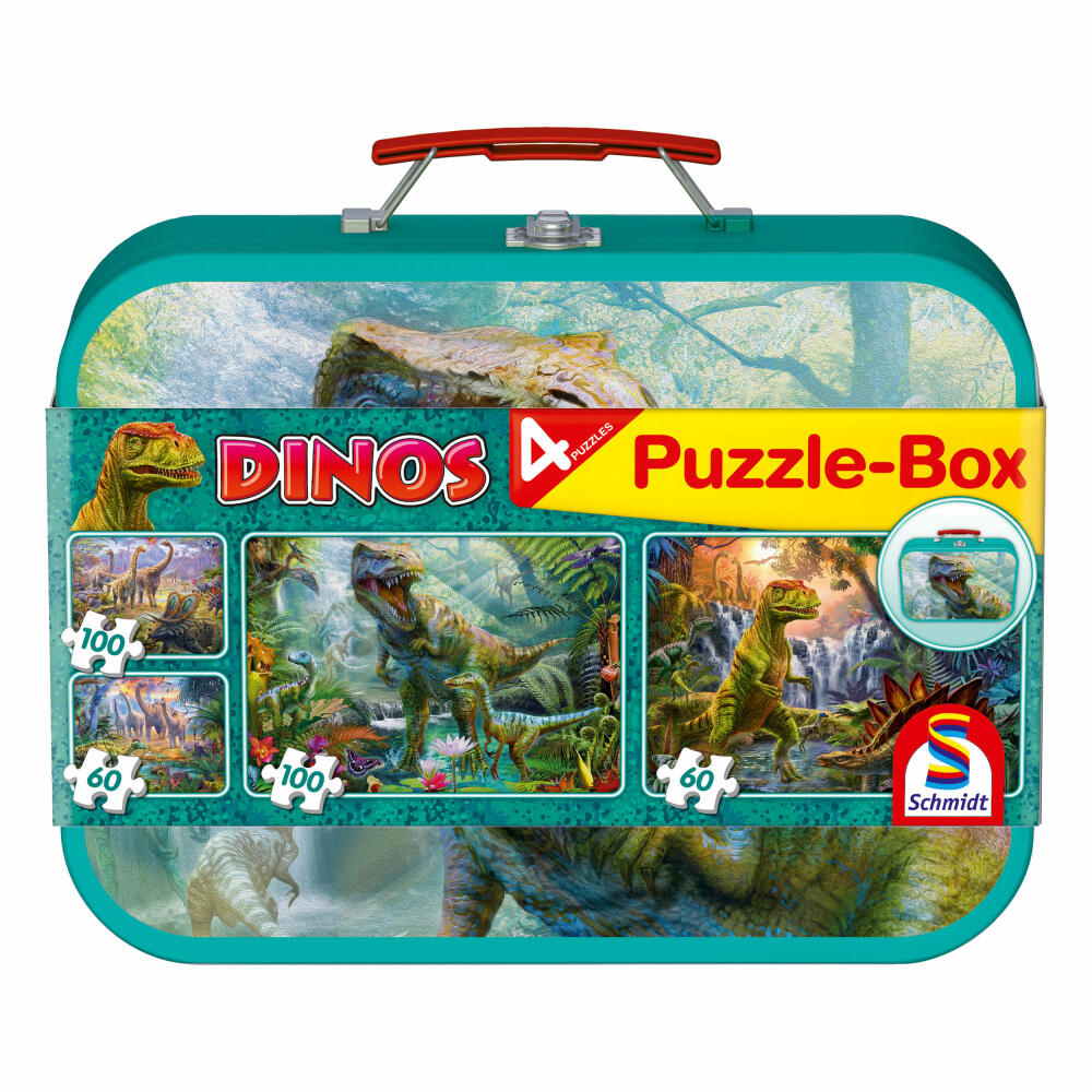 Schmidt Spiele Puzzle-Box Dinos, Saurierpuzzle, 2 x 60 / 100 Teile, Dinosaurier, Puzzle, Puzzlespiel, Ab 6 Jahren, 56495