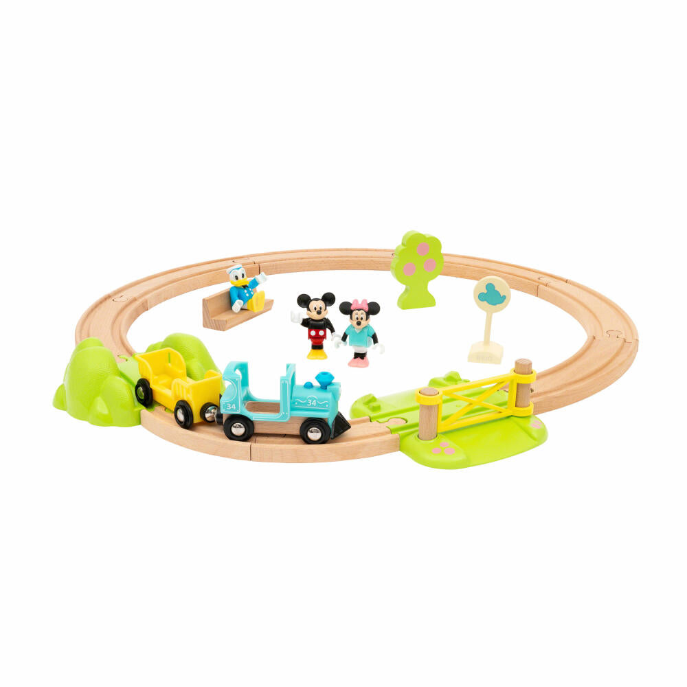 BRIO World Micky Maus Eisenbahn-Set, 18-tlg., Holzeisenbahn, Lokomotive, Waggon, Schienen, Disney, 32277