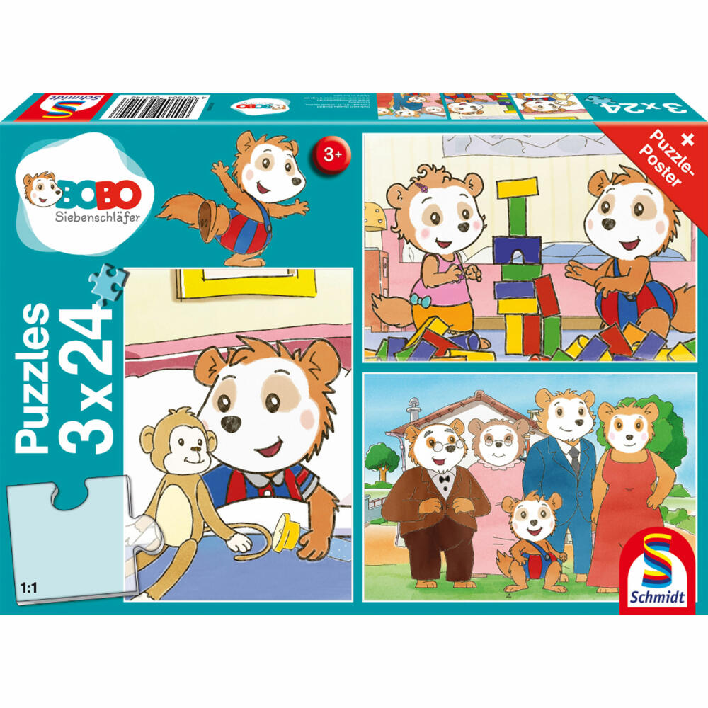 Schmidt Spiele Bobo Siebenschläfer Freunde und Familie, Kinderpuzzle, Kinder Puzzle, Kinderpuzzles, 3 x 24 Teile, 56414