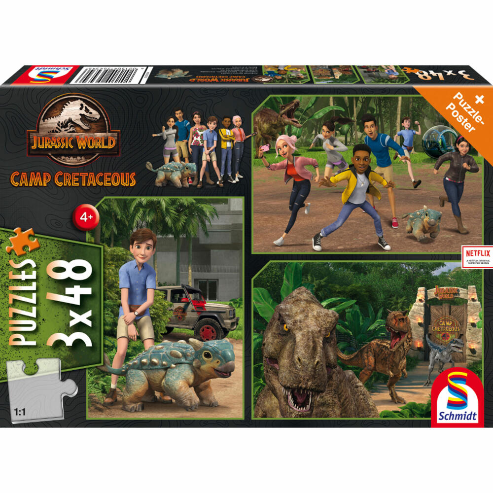 Schmidt Spiele Jurassic World Camp Cretaceous Abenteuer auf Isla Nublar, Kinderpuzzle, Kinder Puzzle, 3 x 48 Teile, 56434