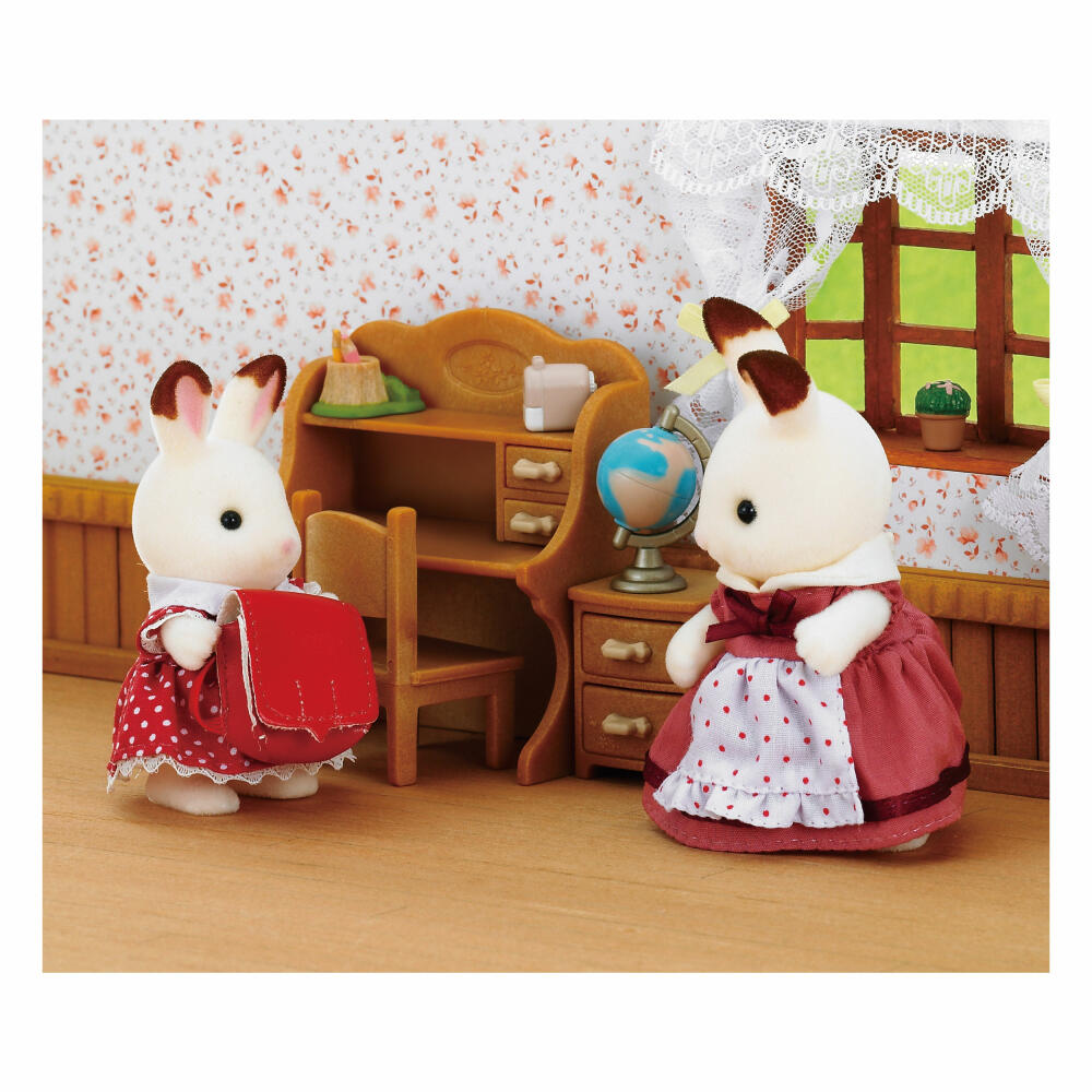 Sylvanian Families Schokoladenhasen Schwester Laura mit Schreibtisch, Familie Löffel, Arbeitsplatz, Hase, Spielset, 5016