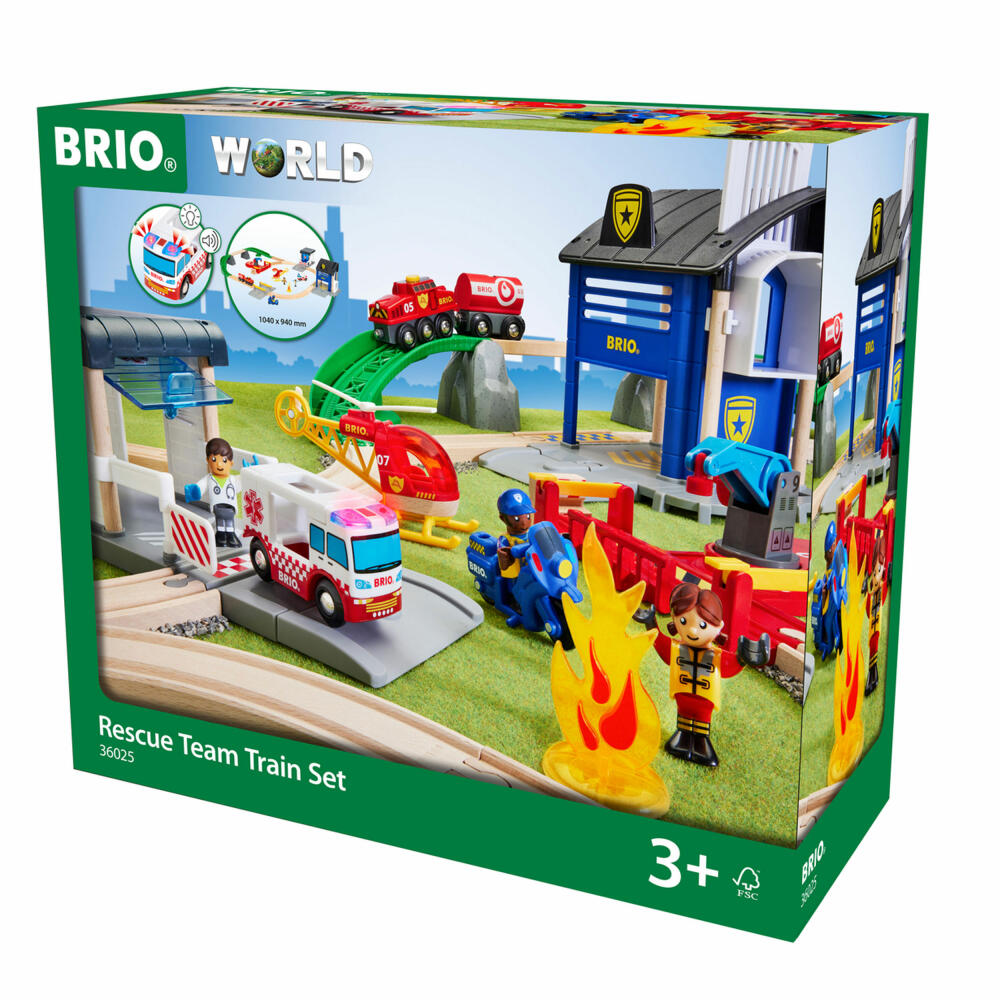 BRIO Polizei und Feuerwehr Set Deluxe, 38-tlg., Holzeisenbahn, Zubehör, Polizeistation, Feuerwehrzug, 63602500