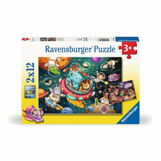 Ravensburger Tiere im Weltall, 2 x 12 Teile, Kinderpuzzle, Kinder Puzzle, ab 3 Jahren, 12000857