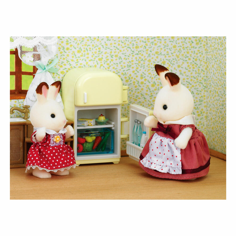 Sylvanian Families Schokoladenhasen Mutter Flora mit Kühlschrank, Familie Löffel, Mama, Hase, Spielset, 5014