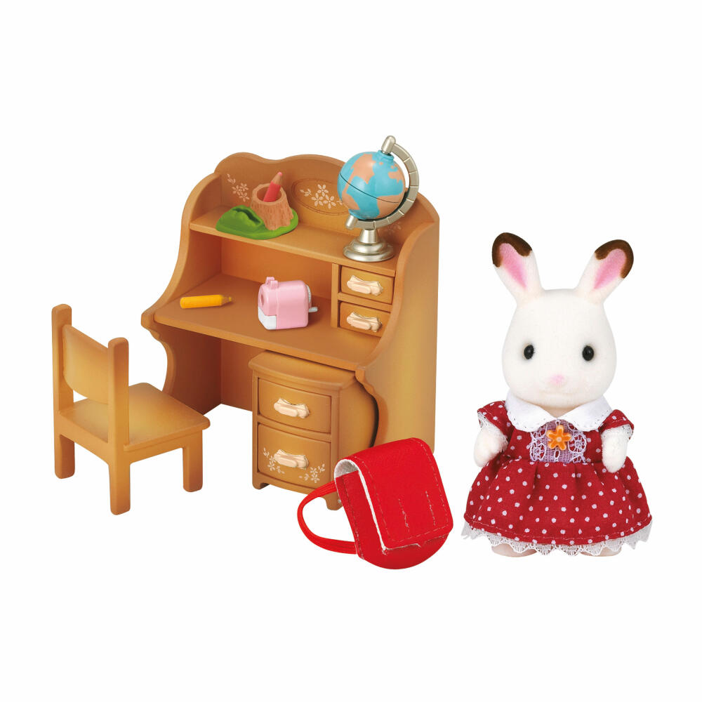 Sylvanian Families Schokoladenhasen Schwester Laura mit Schreibtisch, Familie Löffel, Arbeitsplatz, Hase, Spielset, 5016