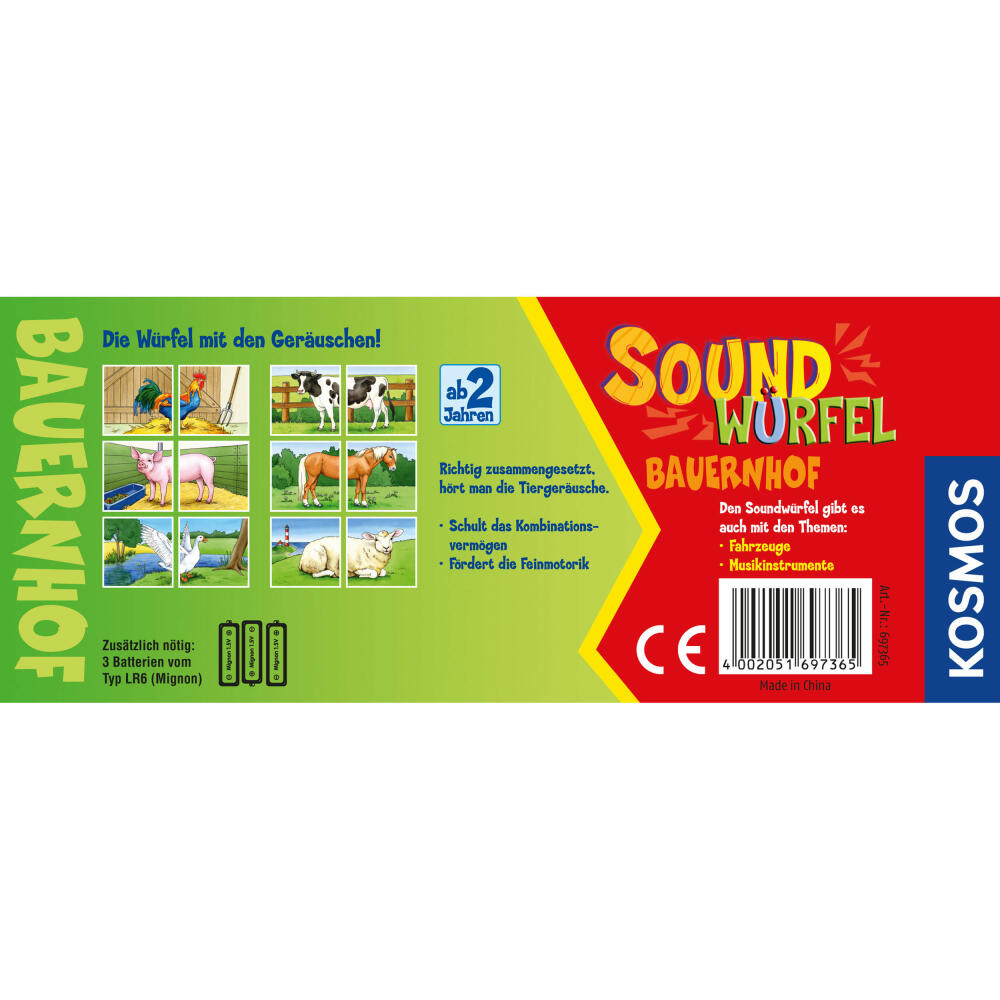 KOSMOS Kinderspiele Soundwürfel Bauernhof, Würfel mit Geräuschen, zur Förderung von Feinmotorik und Beobachtungsvermögen, Nachahmung von Geräuschen, ab 2 Jahren, 697365