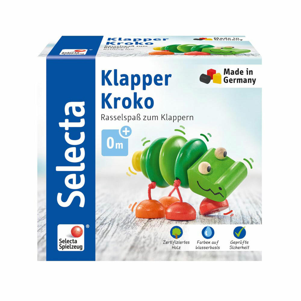 Selecta Spielzeug Klapper-Kroko, Spiel Figur, Babyspiel, Babyspielzeug, Holz, 10 cm, 61044