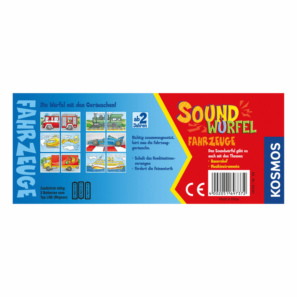 KOSMOS Kinderspiele Soundwürfel Fahrzeuge, Würfel mit Geräuschen, zur Förderung von Feinmotorik und Beobachtungsvermögen, Nachahmung von Geräuschen, ab 2 Jahren, 697372