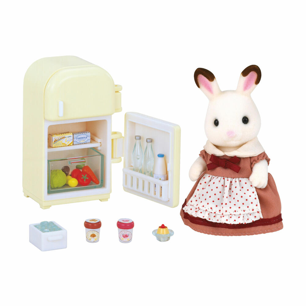 Sylvanian Families Schokoladenhasen Mutter Flora mit Kühlschrank, Familie Löffel, Mama, Hase, Spielset, 5014