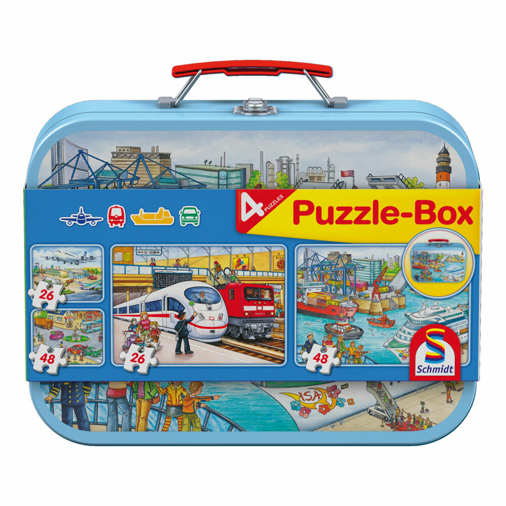 Schmidt Spiele Verkehrsmittel, Puzzle-Box im Metallkoffer, 2 x 26, 2 x 48, Puzzle, Kinderpuzzle, 56508