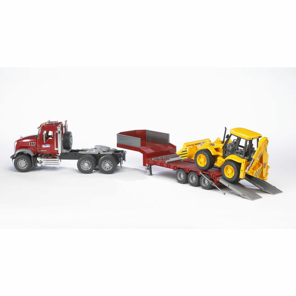 Bruder Baufahrzeuge MACK Granite LKW Tieflader, mit JCB 4CX Baggerlader, Bagger, Modellfahrzeug, Modell Fahrzeug, Spielzeug, 02813