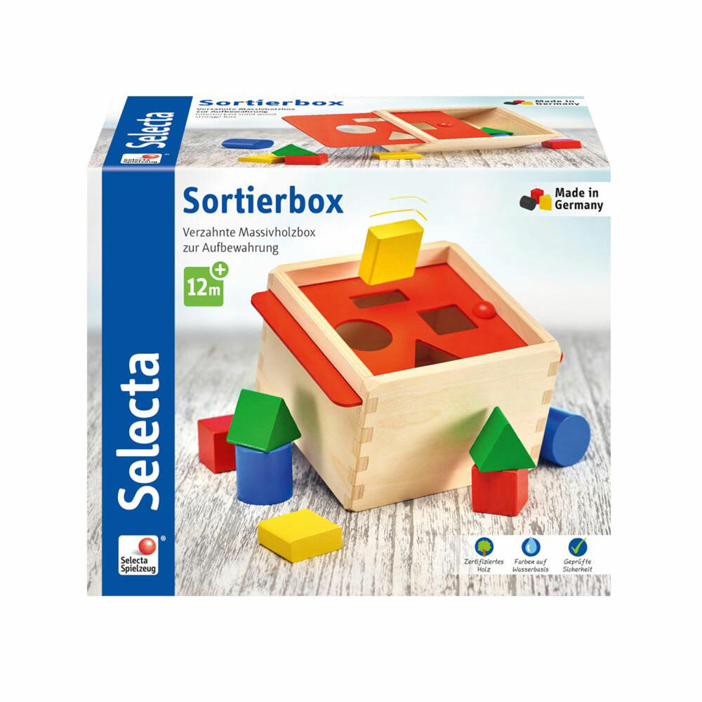 Selecta Spielzeug Sortierbox, Sotier Box, Steckbox, Motorik, Kleinkindspiel, Kleinkindspielzeug, Holz, 14 cm, 62005