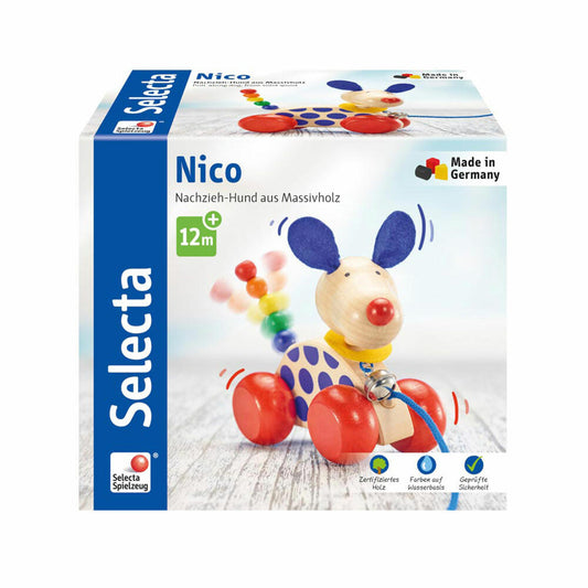 Selecta Spielzeug Nico Nachzieh Hund, Schiebespielzeug, Kleinkindspiel, Kleinkindspielzeug, Holz, 12 cm, 62026