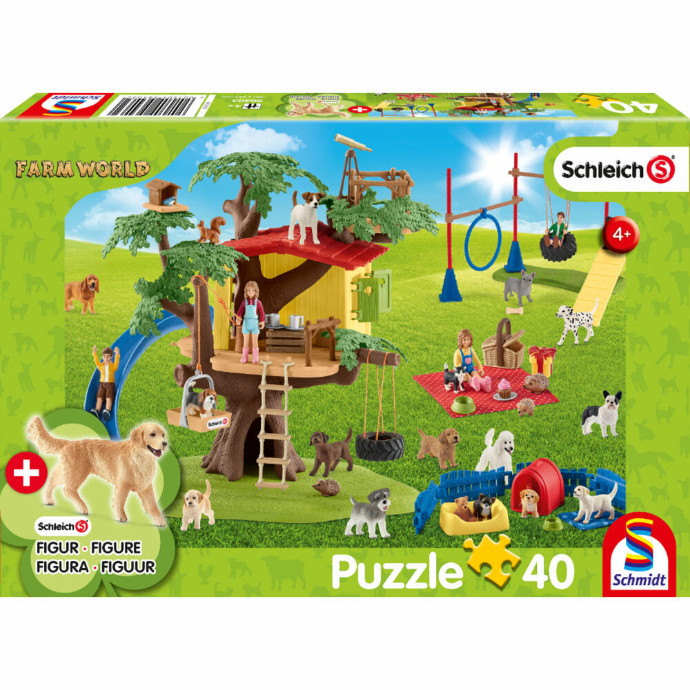 Schmidt Spiele Schleich Farm World Fröhliche Hunde, mit Figur, Kinderpuzzle, Kinder Puzzle, Kinderpuzzles, 40 Teile, 56403