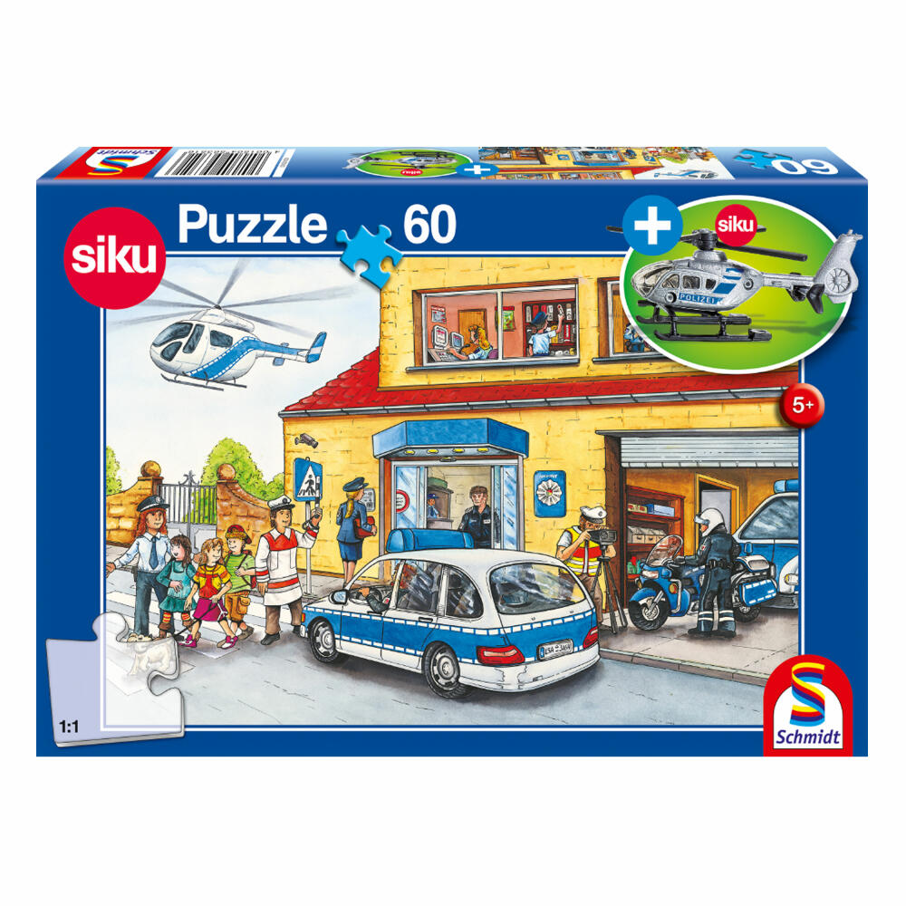 Schmidt Spiele Puzzle Polizeistation, Kinderpuzzle, mit Siku Polizeihubschrauber, 60 Teile, 56351