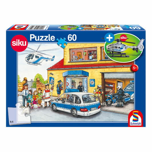 Schmidt Spiele Puzzle Polizeistation, Kinderpuzzle, mit Siku Polizeihubschrauber, 60 Teile, 56351