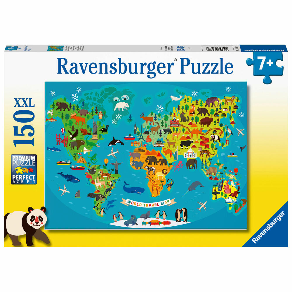 Ravensburger Tierische Weltkarte, Kinderpuzzle, Kinder Puzzle, 150 Teile, 13287