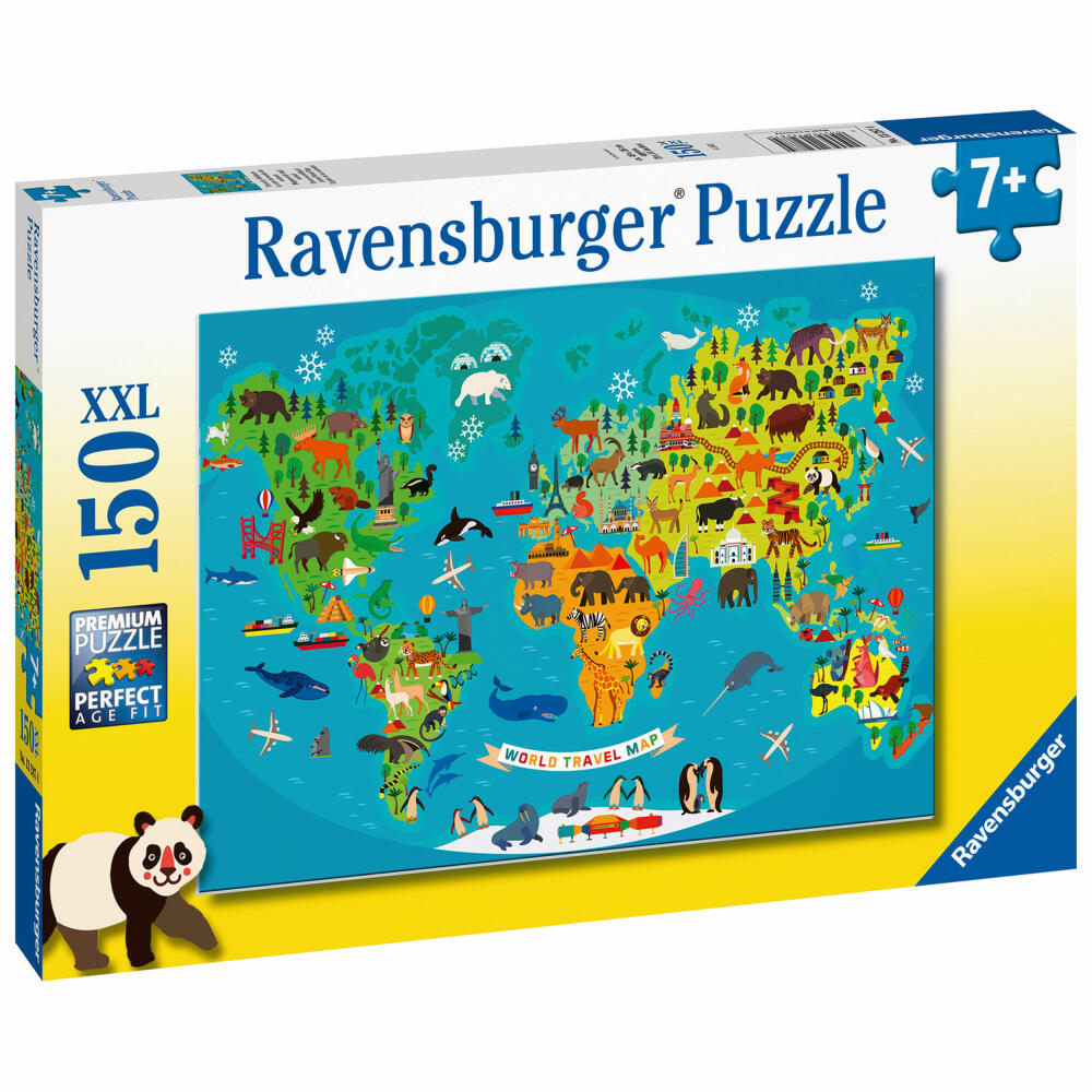 Ravensburger Tierische Weltkarte, Kinderpuzzle, Kinder Puzzle, 150 Teile, 13287