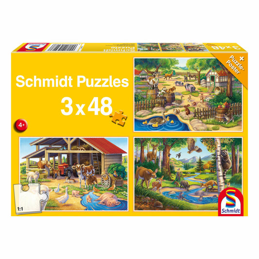 Schmidt Spiele Tiere Alle meine Lieblingstiere, Kinderpuzzle, 3 x 48 Teile, Puzzle, Puzzlespiel, Ab 4 Jahren, 56203