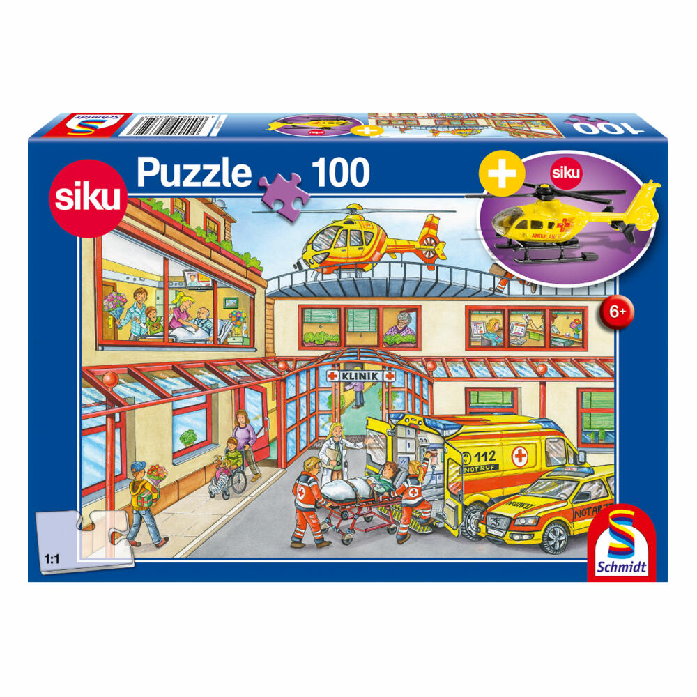 Schmidt Spiele Puzzle Krankenhaus, Kinderpuzzle, mit Siku Rettungshubschrauber, 100 Teile, 56352