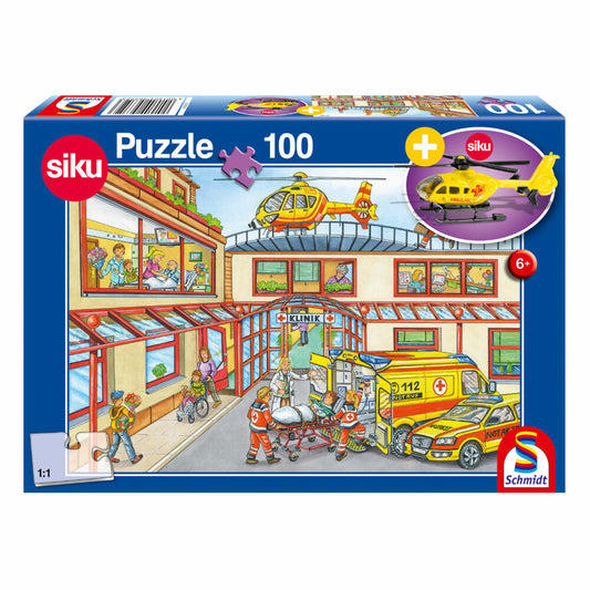 Schmidt Spiele Puzzle Krankenhaus, Kinderpuzzle, mit Siku Rettungshubschrauber, 100 Teile, 56352