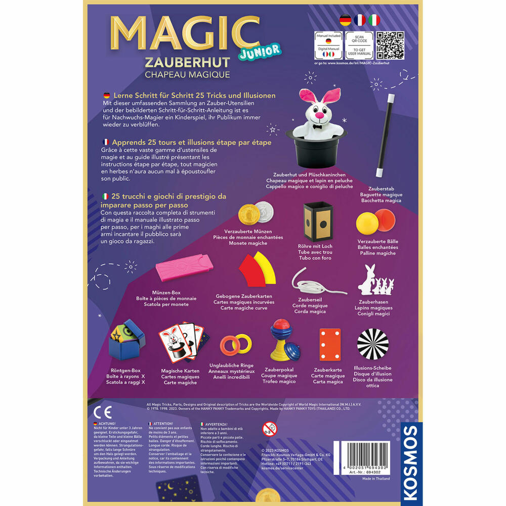 KOSMOS Magic Zauberhut, Zauber-Zylinder, Zauberkasten, Tricks, Zaubern, ab 6 Jahren, D / F / I, 694302