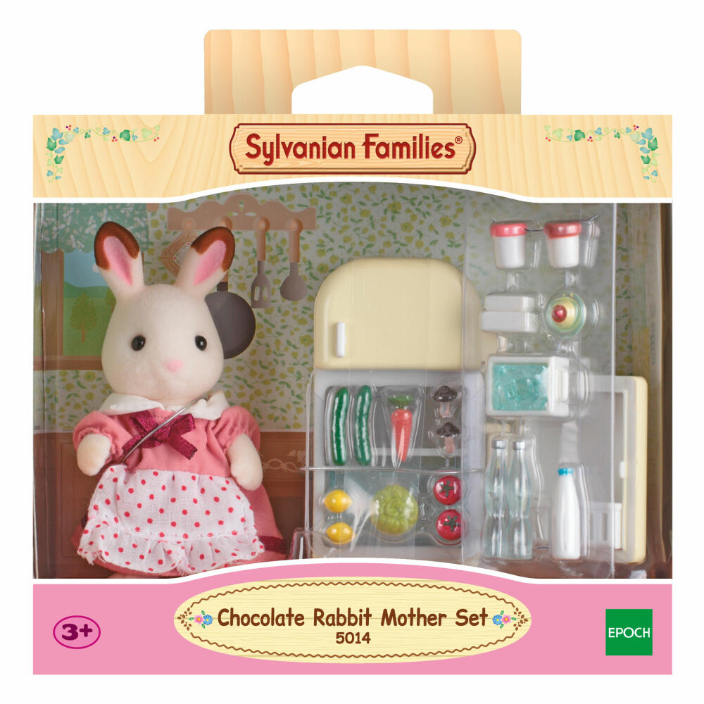 Sylvanian Families Schokoladenhasen Mutter Flora mit Kühlschrank, Familie Löffel, Mama, Hase, Spielset, 5014