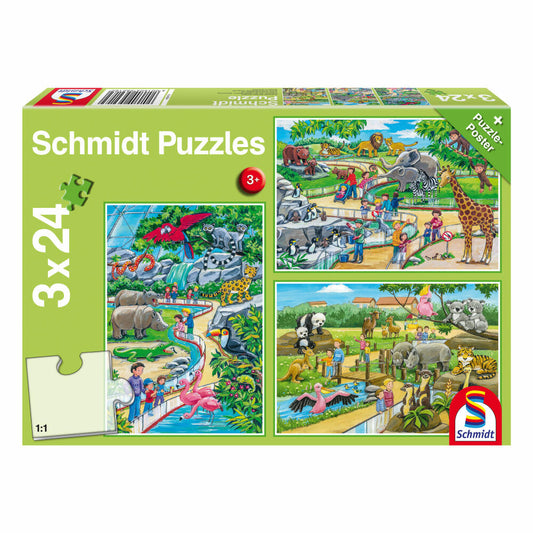 Schmidt Spiele Tiere Ein Tag im Zoo, Kinderpuzzle, 3 x 24 Teile, Puzzle, Puzzlespiel, Ab 3 Jahren, 56218